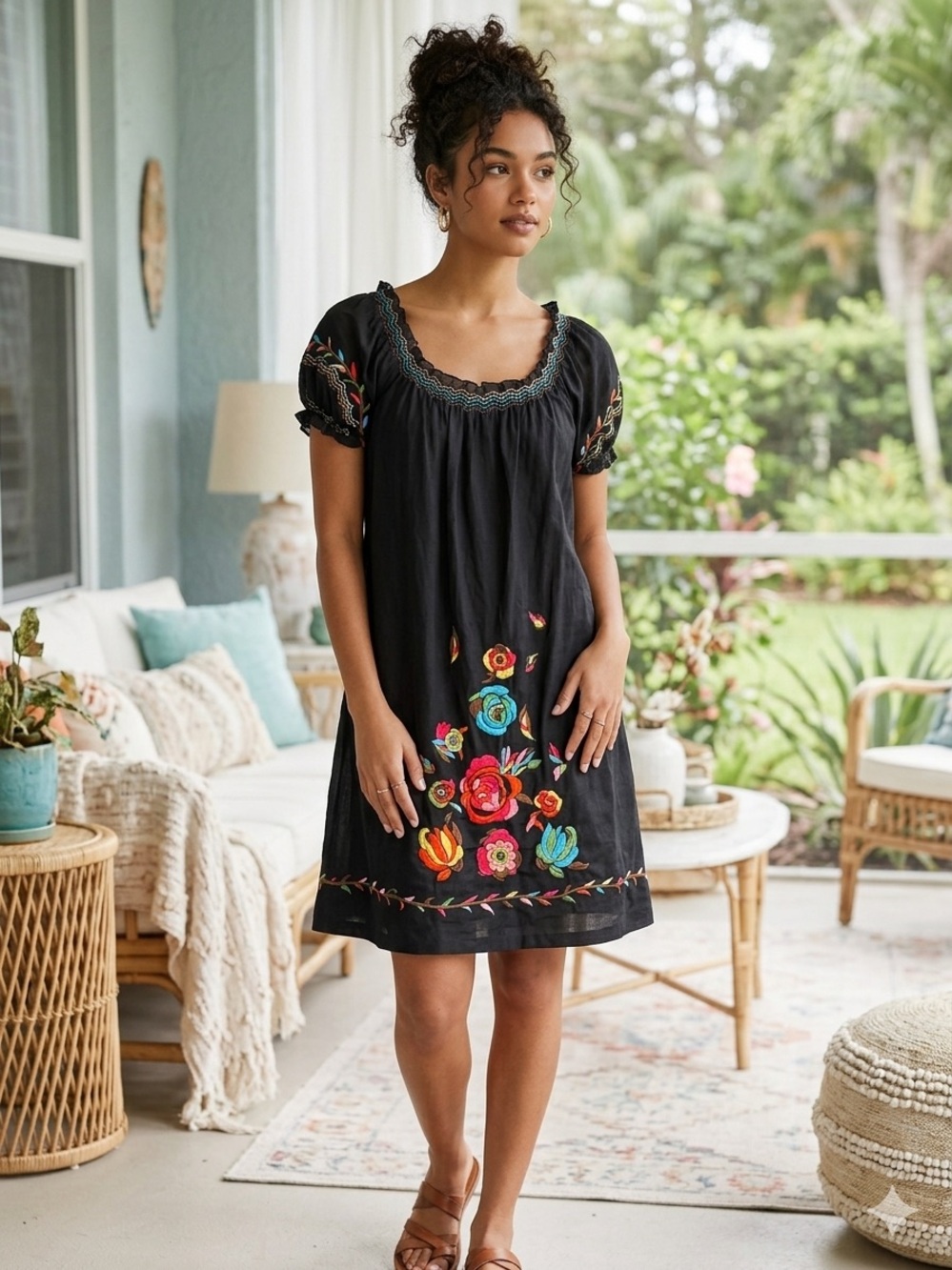 Twenty One Cotton Silk Blend Floral Embroidered Peasant Dress S Black